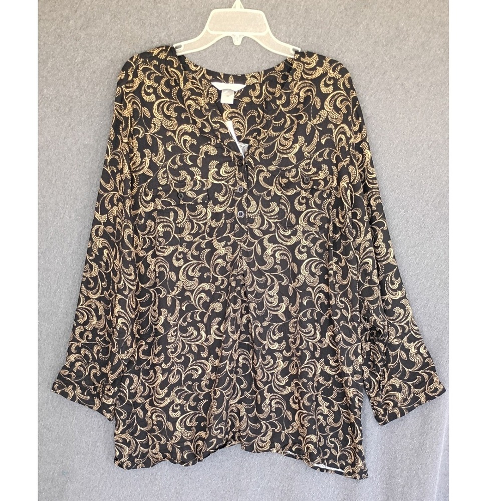 Christopher & Banks Women 3X‎ Black Tan Paisley Floral Rayon Popover Long Sleeve